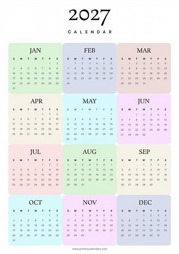 2027 Calendar Printable | Free PDF Download (US) landscape & portrait #newyear #2027 #newyear2027