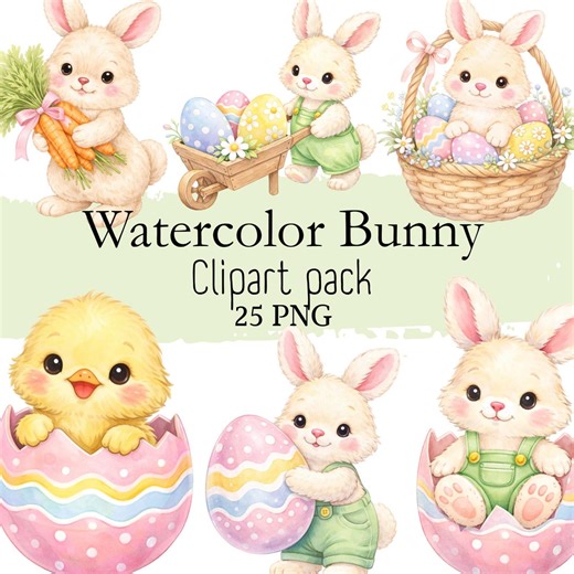 Watercolor Easter Bunny Clipart Pack, Pastel Spring Animals (25 PNG) - Etsy