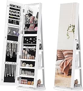 Furmax 360° Swivel Mirror Jewelry Cabinet with Lights, Standing Lockable Jewelry Armoire Organizer with 61 Inches Full Length Mirror, Inside Lighted Makeup Mirror, Jewelry Storage Cabinet, White