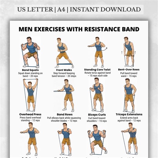 Men Exercises With Resistance Band | Full Body Workout Chart | Printable Resistance Band Exercises for Men Home Fitness Training - Etsy