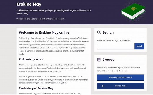 5.1K views · 190 reactions | We have some exciting news for Parliament superfans! For the first time ever, Erskine May is now available online, for free, for anyone to see. It's the authoritative book on parliamentary law and practice, and is known as the 'Bible' for parliamentary procedures. Explore at https://erskinemay.parliament.uk/ | UK Parliament | Facebook