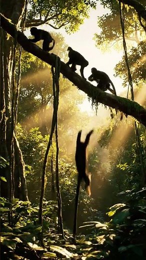 A large group of playful monkeys fills the forest, jumping and swinging with endless energy.