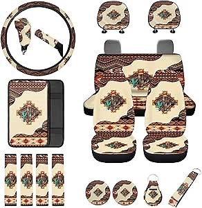 Buybai Aztec Car Seat Cover Full Set Cactus Print Steering Wheel Cover Armrest Center Console Pad Seatbelt Pads Seat Safety Belt Protector Keychain and Cup Mats, 18 Pieces Set