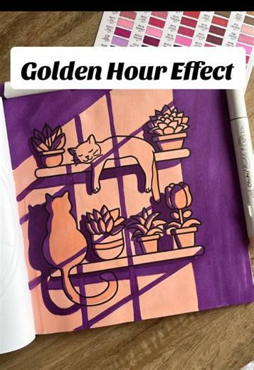 Golden Hour Effect 🎨☀️ Un mini tutorial de cómo hacer el efecto la hora del sol. Use dos colores para la luz use el color YR58 y para la sombra use el color V013 del set de marcadores base alcohol marca @Ohuhuart La imagen pertenece al libro Cozy and Calm de Kathy Obradovic lo puedes encontrar en Amazon. #coloringeffects #ohuhumarkers #boldandeasycoloringbook #alcoholmarkersart #coloringcommunity