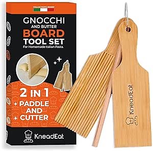 KneadEat Gnocchi Board and Butter Paddle Set - Authentic Bamboo Pasta Roller Tools for Gnocchi, Cavatelli, Garganelli, Cavarola - Wooden Gnocchi Maker and Pasta Board Kit