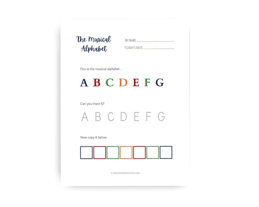 Kids First Piano Lessons - Musical Alphabet Worksheet - Early Music Theory - Etsy