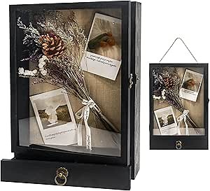 Shadow Box Frame with Drawer, 11"x16" Shadow Box Display Case with Real Glass, Wooden Memory Box for Pictures, Memorial, Flowers, Medals, Wedding Bouquet for Wall or Tabletop Black