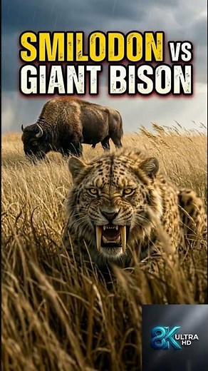 Smilodon vs Giant Bison — Who Survives This Battle? 🔥 #wildlife #fight #prehistoric