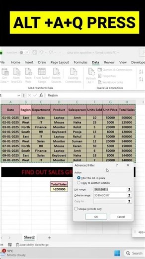 👉 Advanced Filter in Excel | Find Sales Greater Than 2 Lakh 👍 #excel #dataextractor #dataverse