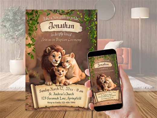 Editable Lion Cub, Lion Baby Themed Birthday Invitation, Baptism Invitation, Printable, Mobile Version, Thank You Card (digital Download) - Etsy