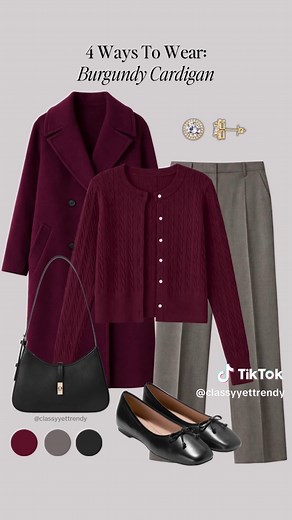 4 Ways To Wear A Burgundy Cardigan 🎉 Affordable and budget friendly and comfortable! ✔️ You can look chic by wearing these classic and timeless outfits! how to style, outfit ideas, elevated outfit, wardrobe essentials #stylehacks #stylingtips #founditonamazon #howtowear #mixandmatchstyle