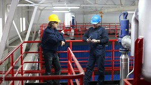 Two workers talking about a job in a factory, controls the operation of devices in a power plant Stock Video