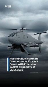 At the UMEX 2026 unmanned systems exhibition in Abu Dhabi, Austrian manufacturer Schiebel presented the armed variant of its Camcopter S-301 vertical take-off and landing (VTOL) drone, marking a notable evolution of the platform from unarmed rotary-wing UAV toward an armed tactical system. The configuration displayed includes dual Thales FZ602 rocket pods fitted with laser-guided 70 mm munitions, highlighting a modular approach to equipping compact unmanned helicopters with precision-flight supp