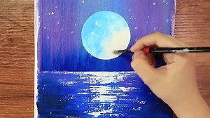 آموزش گام به گام نقاشی روی بوم منظره ی شب و ماه