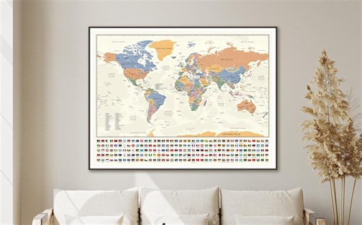 Political World Map Poster: Printable, Educational and Decorative Boho Art With Country Flags (digital Download) - Etsy