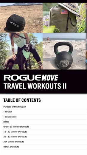 Purchased programming automatically shows up in your Rogue app to access when planning workouts. The Rogue Move Travel Workouts help you stay fit while away from home. These workouts are designed to be completed in under 10 minutes, 10 to 20 minutes, and 30 minutes, with options that require no equipment at all or incorporate dumbbells for added challenge. Streamline your fitness with Iron Game Programming: roguefitness.com/iron-game-programming/rogue-fitness #ryourogue | Rogue Fitness
