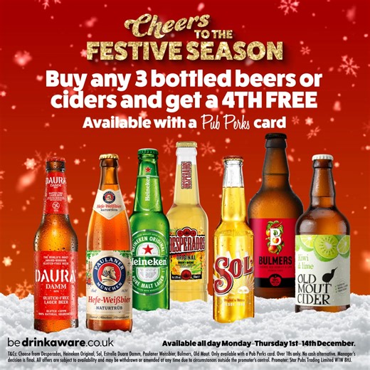 Last week to enjoy our festive Pub Perks deal! ✨Whether it's a midweek night out, or catching up with friends during the Christmas period, we've got you covered. Join us this week for an exclusive Pub Perks offer: 🍻 Buy 3 bottles of selected beer & cider, and get the fourth FREE!* *T&Cs apply - visit us in pub for full details | The Kings Arms, Cheltenham