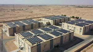Kuwait Desert Data Hub: Modular Server Blocks & Solar Panels - Midday Aerial Flyover, Heat Vapor Rising