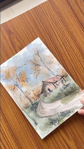 Easy Watercolor Cottage Landscape Tutorial | Simple Ink & Wash Painting for Beginners #artshorts
