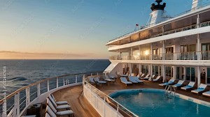 A modern luxury cruise ship deck at sunset, with curved railings and wooden flooring, open-air terraces, a swimming pool and a panoramic view of the ocean