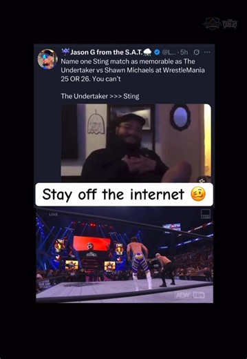 Sting vs. The Great Muta (Starrcade 1989) Sting vs. Cactus Jack (Beach Blast 1992) Sting vs. Kurt Angle (Bound for Glory 2007) Sting vs. Diamond Dallas Page (WCW Monday Nitro 1999) Sting vs. AJ Styles (Bound for Glory 2009) Sting/Darby vs. Young Bucks (Revolution 2024) Should I keep going? | FTR: Follow The Revolution