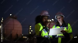 Engineer wear uniform and helmet stand workplace hand holding tablet and laptop computer, survey inspection team work plant site to work with night lights oil refinery background.