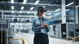 Hispanic Female Engineer Wearing an Augmented Reality Headset And Controlling Autonomous Production At an Electronics Factory. Woman Using Gestures To Configure Assembly Line of High-Tech Devices Stock Video
