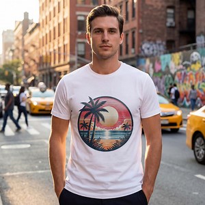 Retro Sunset Palm Tree T Shirt, Vintage Tropical Ocean Graphic Tee, Summer Beach Circle Art Shirt, Coastal Aesthetic Top, Unisex Tee - Etsy