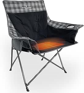 Black Sierra Heated Camping Chair with Battery – XL Fleece Foldable Seat, 3 Heat Settings, Heavy-Duty Steel Frame Supports 300 lbs – Portable, Lightweight for Camping, Sports, Patio, Events