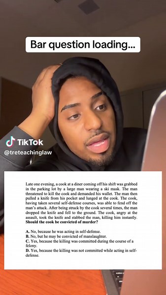 Although the cook’s act of stabbing the victim in the heart demonstrates intent to cause serious bodily harm, he had just been attacked with deadly force and was still under adequate provocation. The immediate response to the attack places him in the heat of passion, reducing what would otherwise be murder to voluntary manslaughter. Therefore, the cook is guilty of voluntary manslaughter. The correct answer is (B) Voluntary Manslaughter.