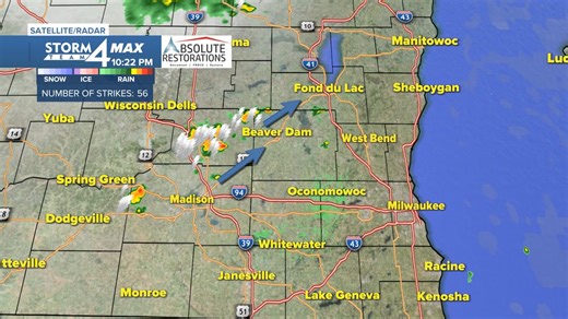 5.1K views | 10:15pm Radar Check- A few storms are taking off around Madison and moving northeast. These will likely impact parts of Dodge and Fond du Lac counties tonight. 40 mph winds, small hail, and lightning are possible. Radar: https://www.tmj4.com/weather/radar #wiwx | TMJ4 News | Facebook