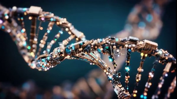 Macro DNA Double Helix Intertwined with Microchip Circuitry. Biotech & AI Concept