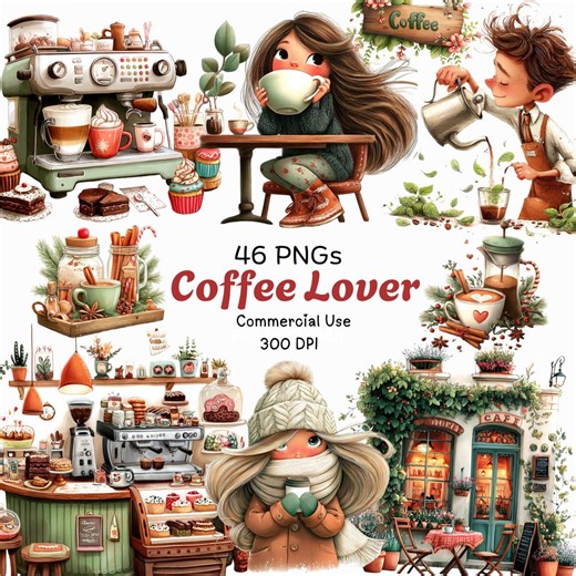 Coffee Lover Whimsical Clipart Bundle: Cozy Cafe & Coffee Shop Graphics (digital Download - 46 Pngs) - Etsy