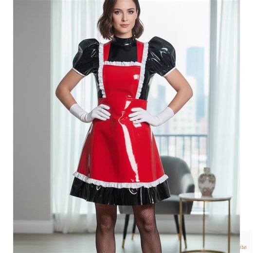 PVC Maid Dress Glossy Black Red | Shiny Vinyl Costume Apron Outfit | Custom Size XS–6XL Handmade - Etsy