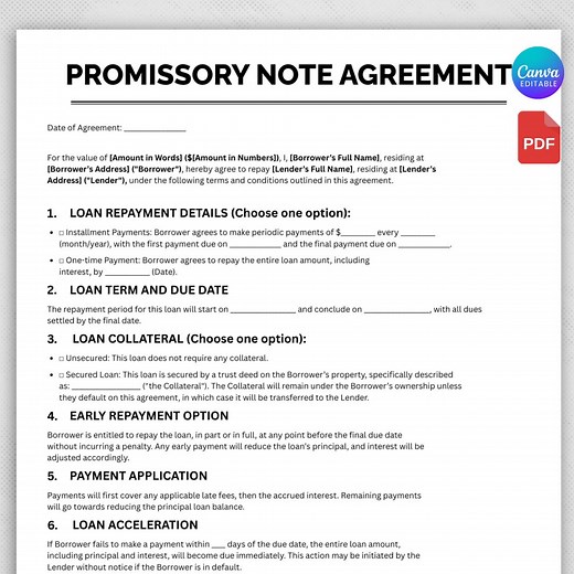 Promissory Note Template, Editable Promissory Note Form, Professional Promissory Note Form, PDF and Canva Template - Etsy