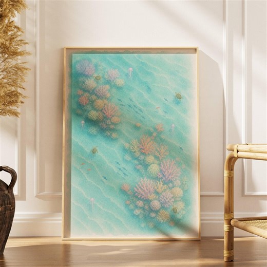 Coral Reef Watercolor Print, Coastal Ocean Wall Art, Sea Turtle Painting, Pastel Underwater Decor, Tropical Sea Life Art - Etsy