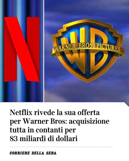 Netflix rivede l’offerta per Warner Bros rendendola interamente in contanti. Lo ha annunciato il colosso dello streaming in una nota. «L’accordo rivisto semplifica la struttura della transazione, fornisce maggiore certezza sul valore per gli azionisti di Warner Bros. Discovery e accelera il processo verso il voto degli azionisti», è spiegato nella nota di Netflix. Il consiglio di amministrazione di Warner ha approvato la nuova offerta in contanti, per circa 83 miliardi complessivi, all'unanimità