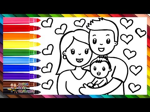 Draw and Color a Family of 3 👩👨👶❤️🧡💛💚💙💜🌈 Drawings for Kids