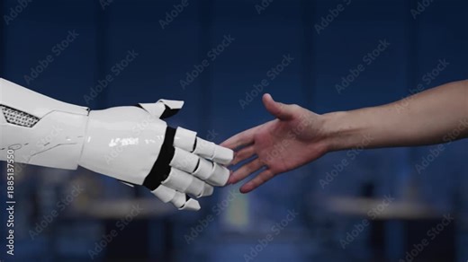 A robotic hand interacts with a virtual chatbot interface, showcasing advanced technology in a modern office at night, highlighting innovation in communication and automation. Synapse