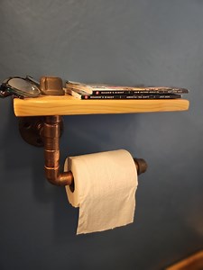 Copper pipe, wood and black iron metal toilet paper holder