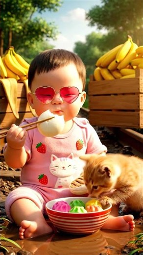 “Chubby Baby & Baby Cat Railway Scene | Banana Crate Aesthetic | 8K Ultra Real”