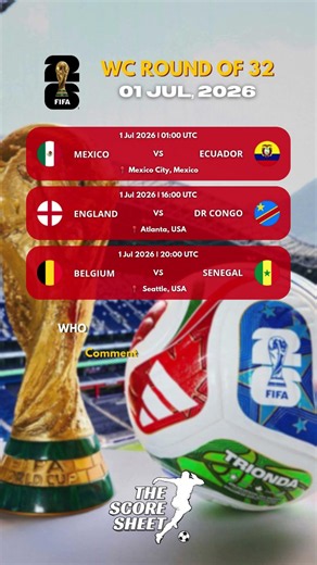 🚨 FIFA World Cup 2026 Round of 32 Fixtures | 1 July 2026 Schedule (UTC) 🌍⚽