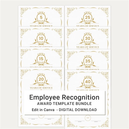 Years of Service Award Certificate Bundle, Employee Recognition Certificates, Work Anniversary Printable Awards (canva, Digital Download) - Etsy Canada