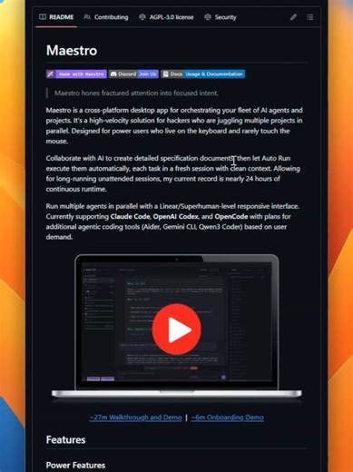 Too many AI projects? Maestro has your back. — a cross-platform desktop app that turns chaos into focus. Run unlimited AI agents in parallel, each in its own isolated workspace. Create playbooks, automate tasks, and even let your agents chat with each other while you stay in the flow. Full keyboard control, git integration, and mobile remote access keep you in flow — from your desk or your phone. #github #ai #opensource
