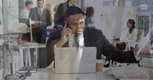 Man in office answering phone accepting folder sorting papers to file with animated icons appearing