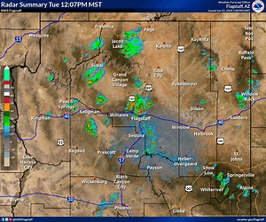 Here's a look at the radar loop from the last hour. Already an active start to the day, with Flagstaff being the current hot-spot. Expect rain rates around .5 to 1.5" per hour along with hail sizes near 0.50". Be sure to have a way to receive warnings! | US National Weather Service Flagstaff Arizona