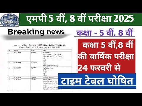 म. प्र. कक्षा 5 वीं, 8 वीं वार्षिक परीक्षा 2025 का टाइम टेबल घोषित। Class 5th,8th exam time table .