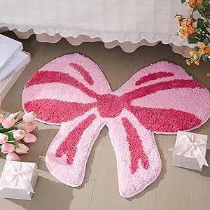 Tinideya Pink Bow Rug, 28 x 24 Inch Non Slip Bath Rugs Coquette Bathroom Rug Pink Orange Bathroom Rugs Bow Shaped Mat Cute Aesthetic Carpet for Door Welcome Shower Bathtub Decor Gifts Party Favor