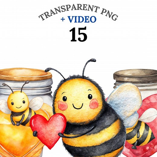 15 Cute Bees Clipart PNG + Video, Watercolor Valentine Bee Illustrations, Honey Bee & Heart Clipart, Spring Love Bug PNG, Commercial Use - Etsy