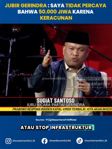 Juru Bicara Partai Gerindra Sugiat Santoso secara terbuka menyatakan ketidakpercayaannya atas klaim temuan 50 ribu korban keracunan pangan yang dipaparkan dalam forum debat tersebut. Sugiat mempertanyakan akurasi angka tersebut dan mengingatkan agar publik tidak terjebak dalam pembentukan opini yang mendiskreditkan program prioritas nasional. Menurutnya, dari puluhan ribu Satuan Pelayanan Pemenuhan Gizi (SPPG) yang beroperasi melayani puluhan juta anak, insiden yang terjadi bersifat kasuistik ak